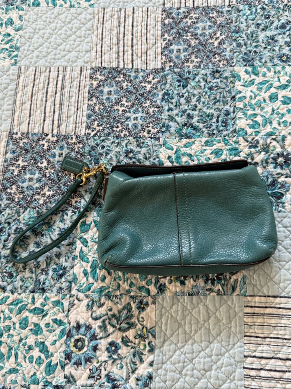 Coach Teal Green Pebbled Leather Turnlock Wristlet